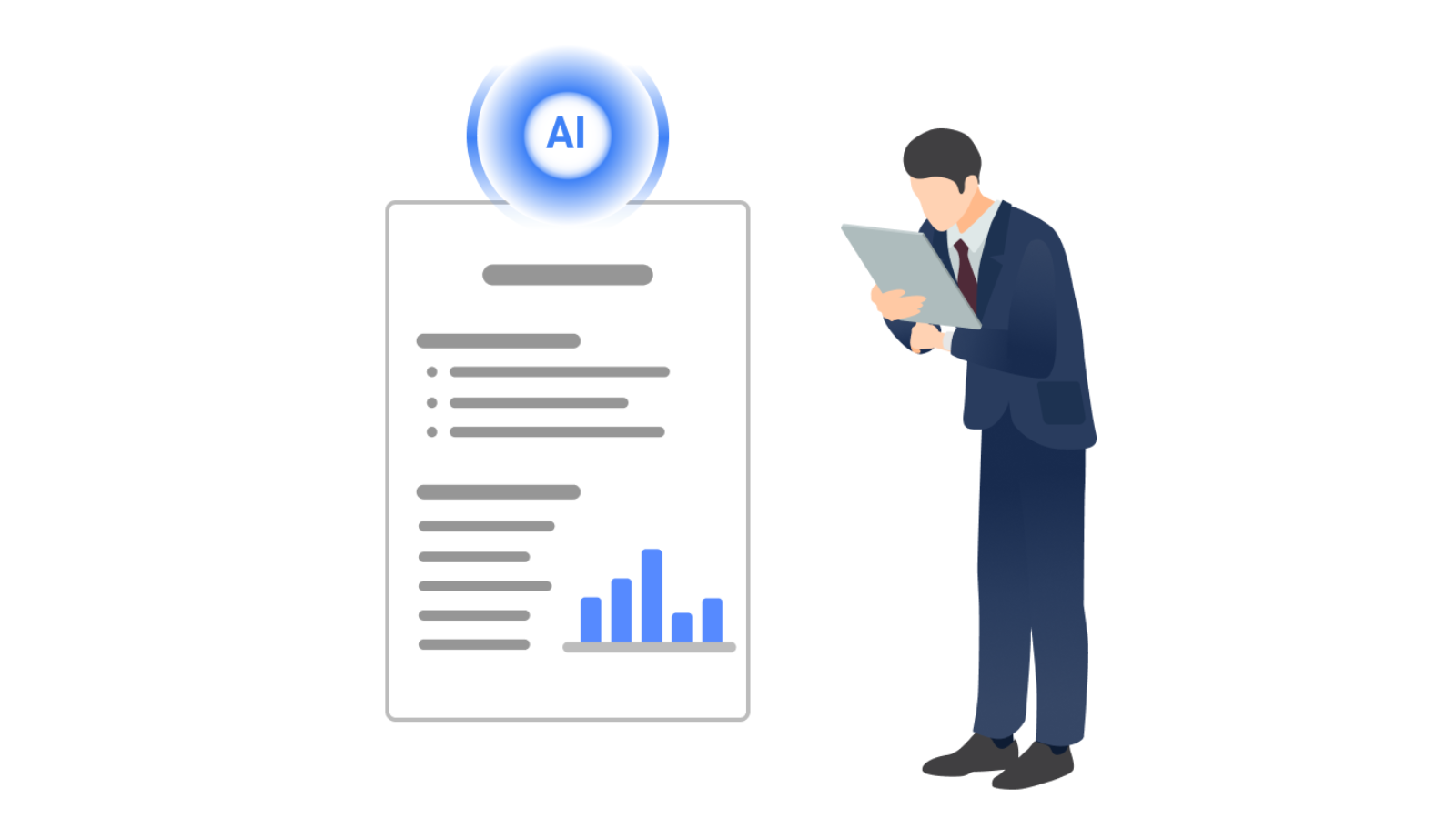 AIを駆使してSEOに強いブログ記事などを考えている男性の図解