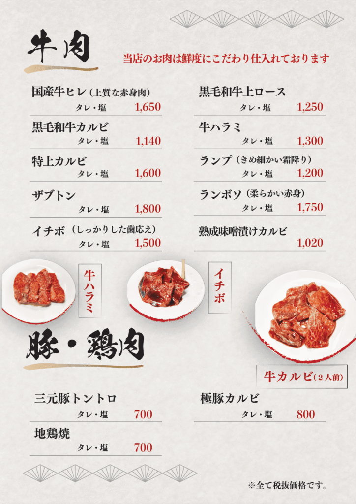 牛肉と豚・鶏肉のページ。「国産牛ヒレ(上質な赤身肉)」「ランプ(きめ細かい霜降り)」のように、部位名の後ろに括弧で短い説明が入っている。料理の写真は3枚